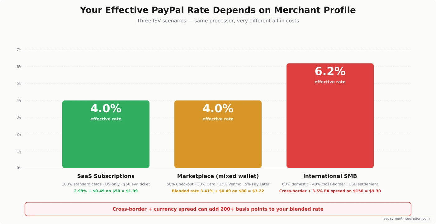 PayPal effective rate by ISV scenario — SaaS 4.0%, marketplace 4.0%, international 6.2%
